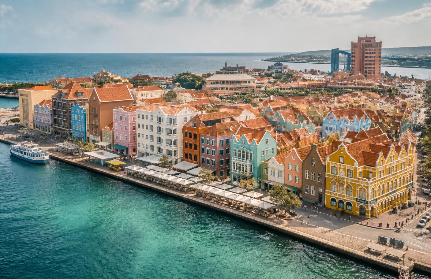 Aerial view of the colourful Willemstad waterfront in Curaçao
