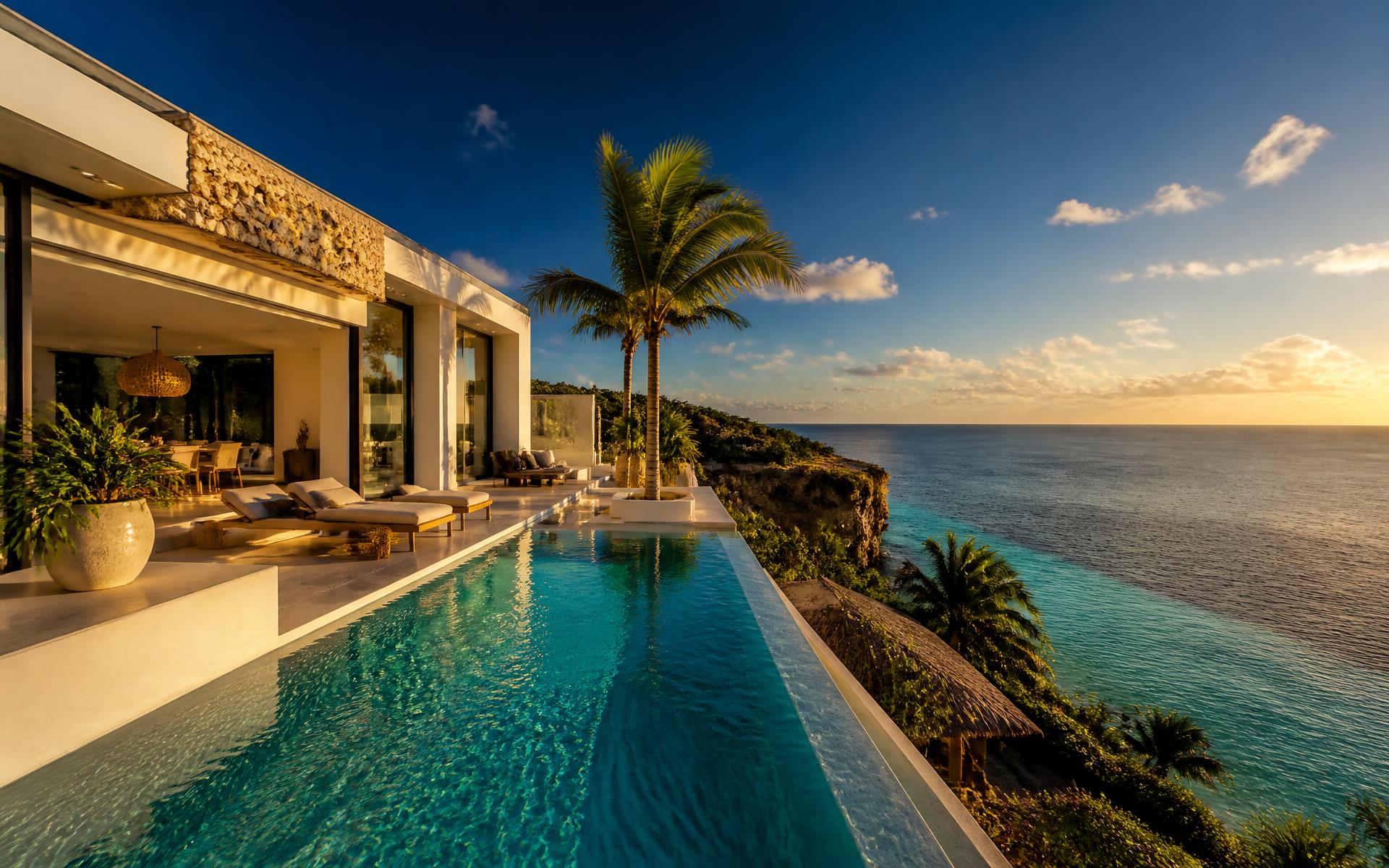 Luxury Curaçao villa with an infinity pool overlooking the Caribbean sea at golden hour