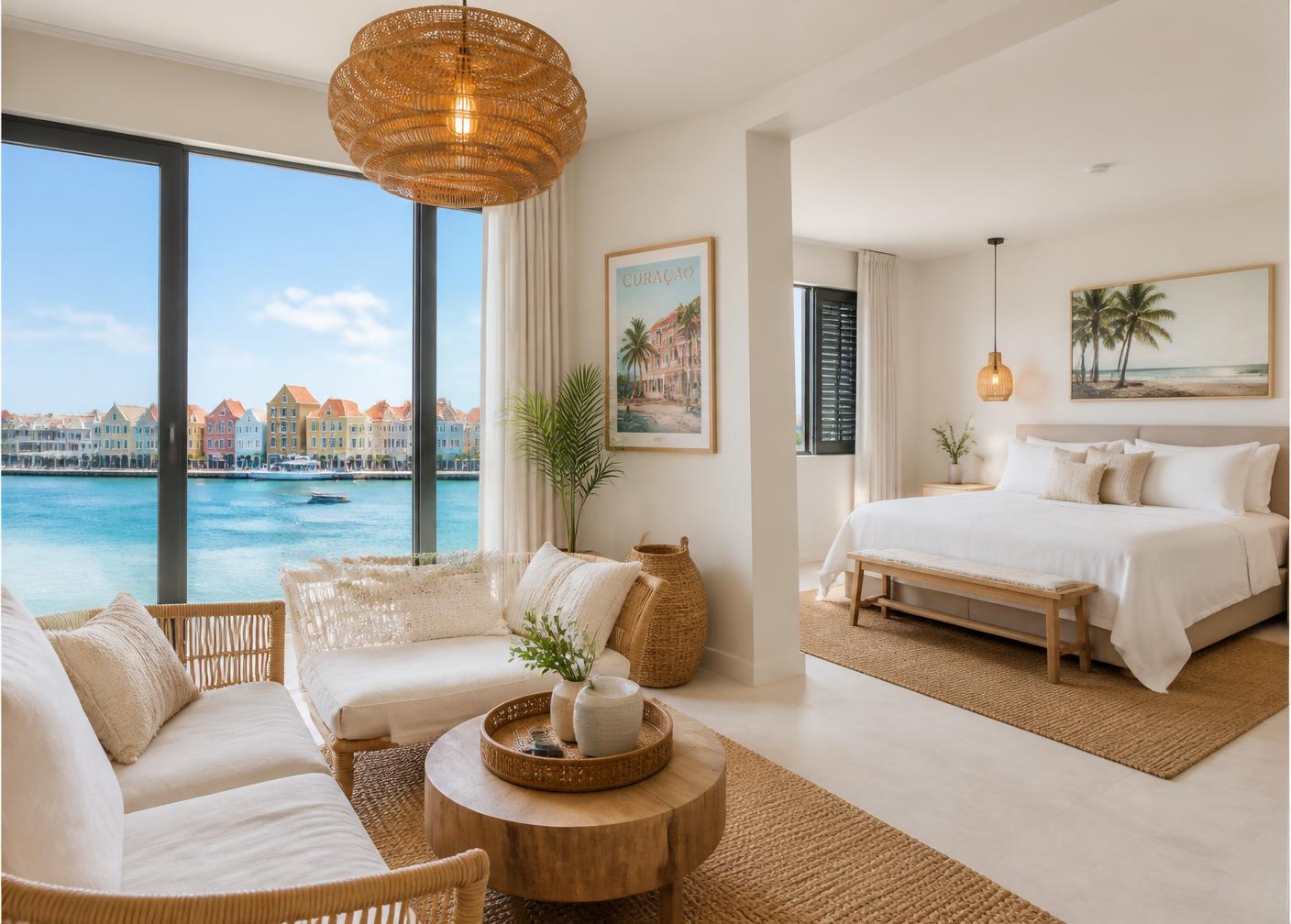 Elegant coastal apartment interior with views over the Willemstad waterfront